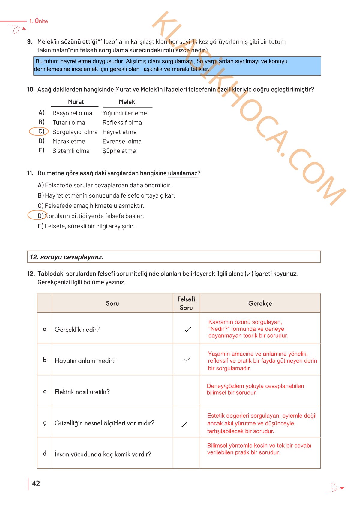 10. Sınıf Felsefe Kitabı Sayfa 42 Cevapları