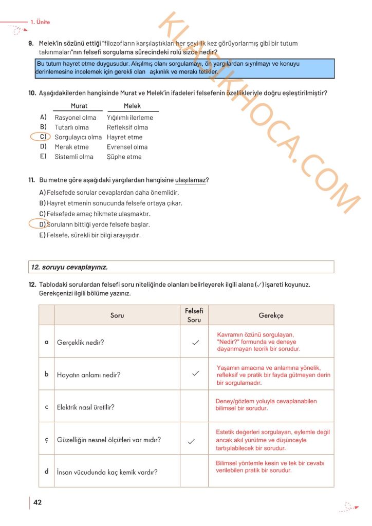 10. Sınıf Felsefe Kitabı Sayfa 40-41-42-43 Cevapları
