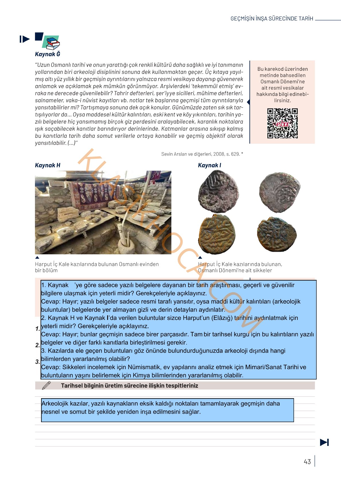 9. Sınıf Tarih Kitabı Sayfa 43 Cevapları