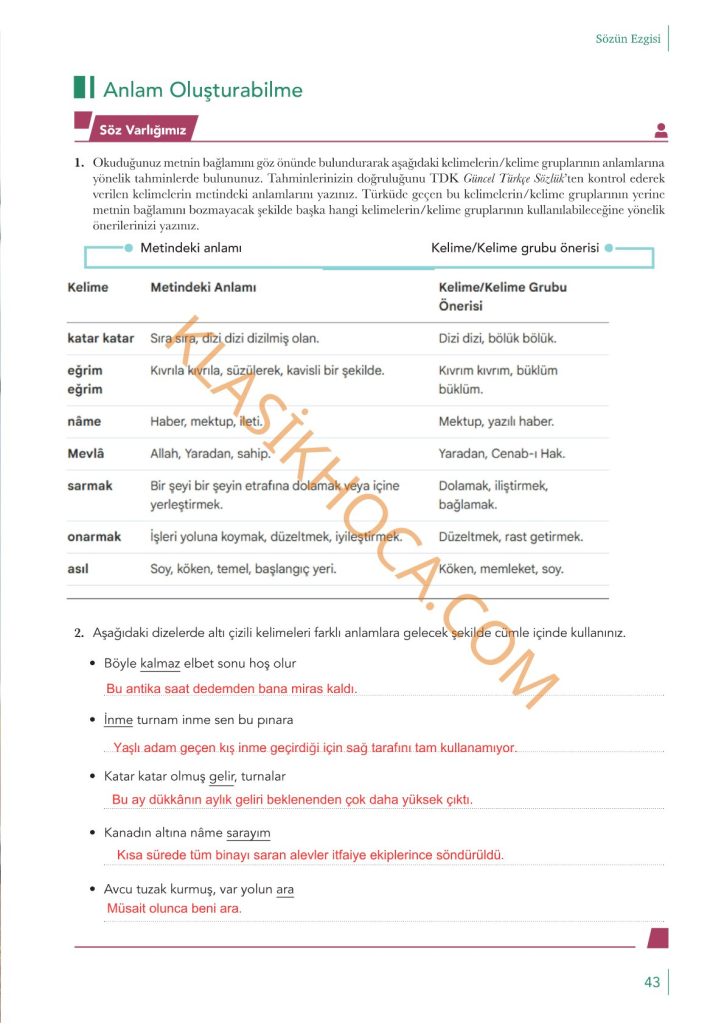 10. Sınıf Edebiyat Kitabı Sayfa 39-40-41-42-43-44-45-46-47-48 Cevapları
