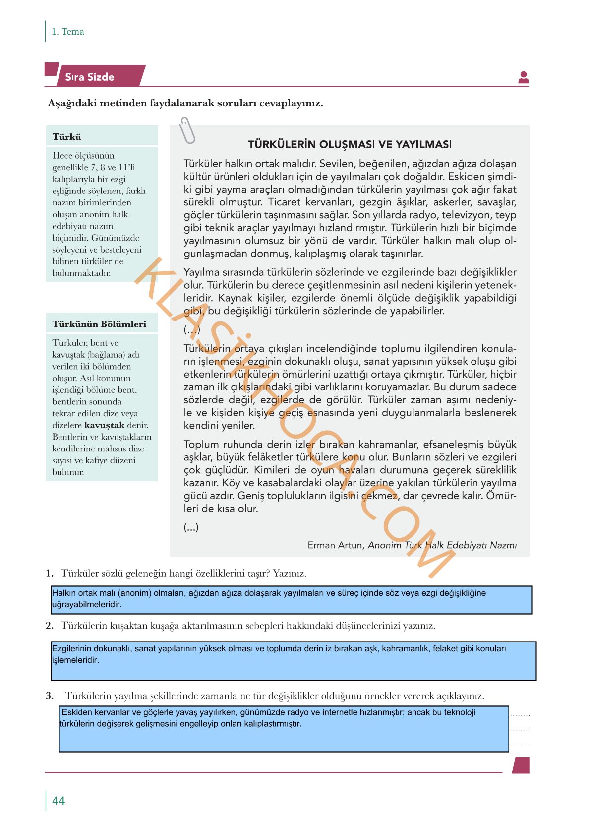 10. Sınıf Edebiyat Kitabı Sayfa 44 Cevapları