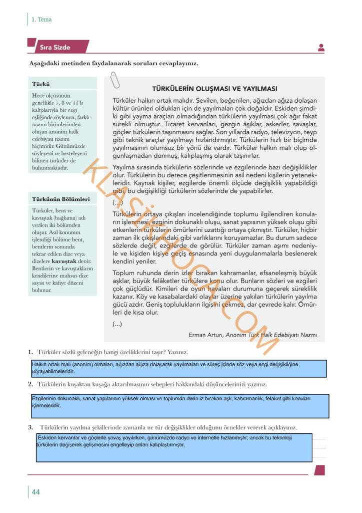 10. Sınıf Edebiyat Kitabı Sayfa 39-40-41-42-43-44-45-46-47-48 Cevapları