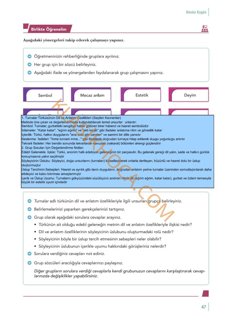 10. Sınıf Edebiyat Kitabı Sayfa 39-40-41-42-43-44-45-46-47-48 Cevapları