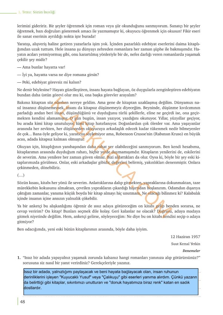 9. Sınıf Edebiyat Kitabı Sayfa 46-47-48-49-50 Cevapları