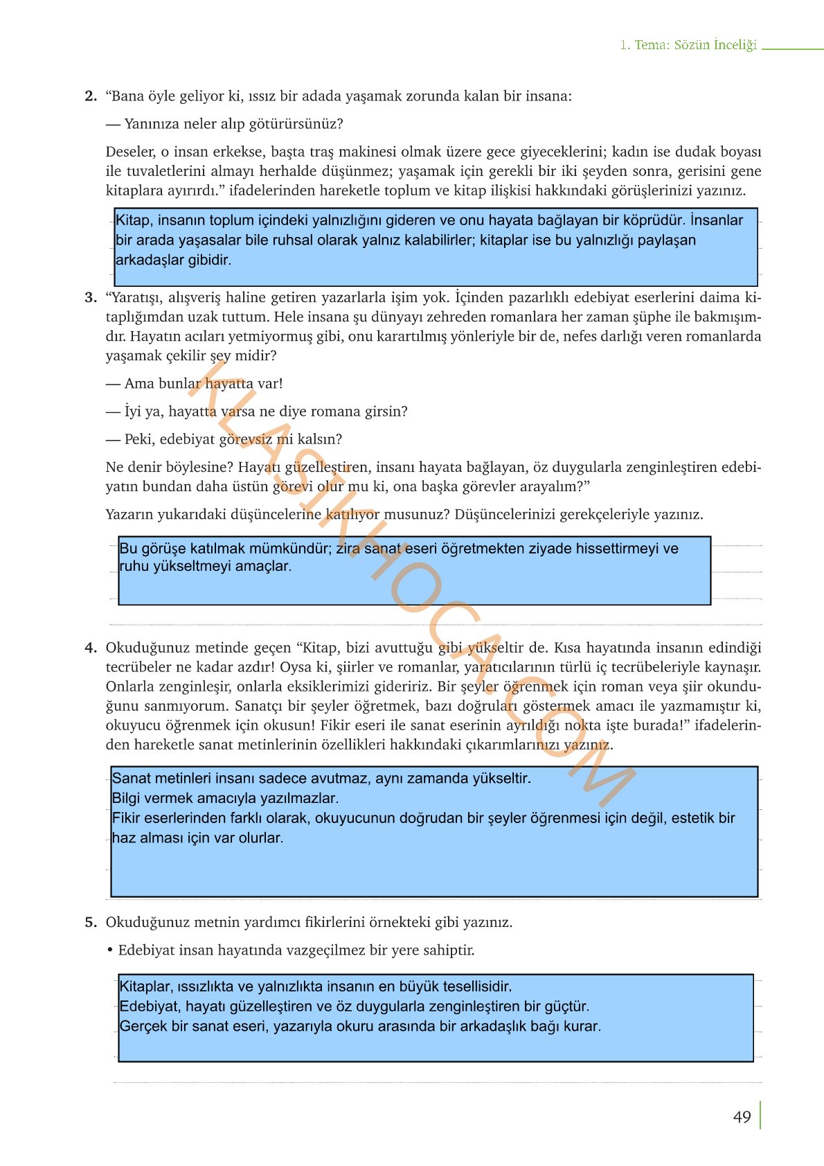 9. Sınıf Edebiyat Kitabı Sayfa 49 Cevapları