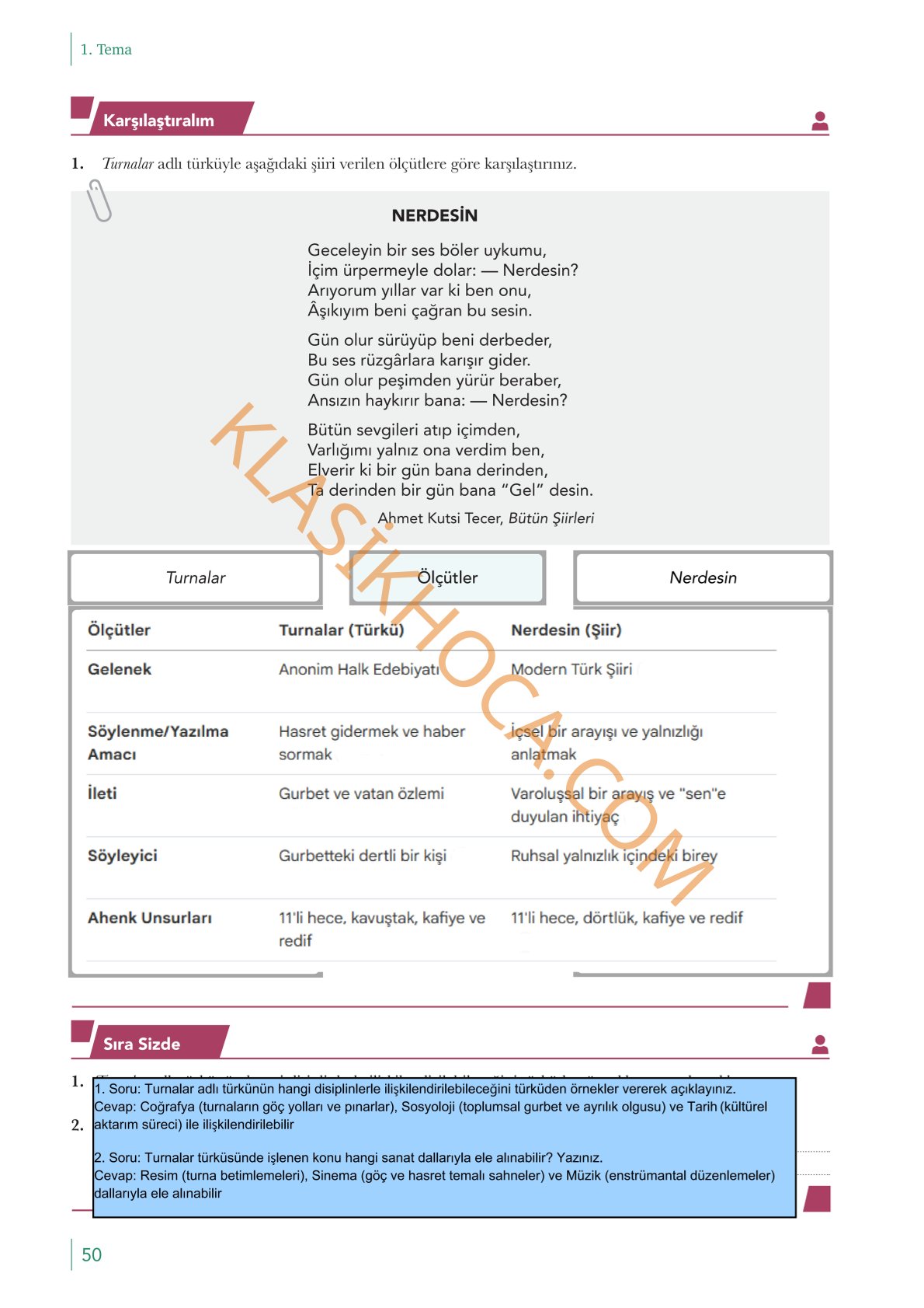 10. Sınıf Edebiyat Kitabı Sayfa 50 Cevapları
