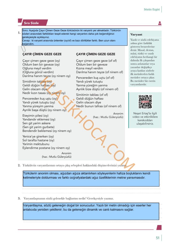 10. Sınıf Edebiyat Kitabı Sayfa 49-50-51-52-53 Cevapları