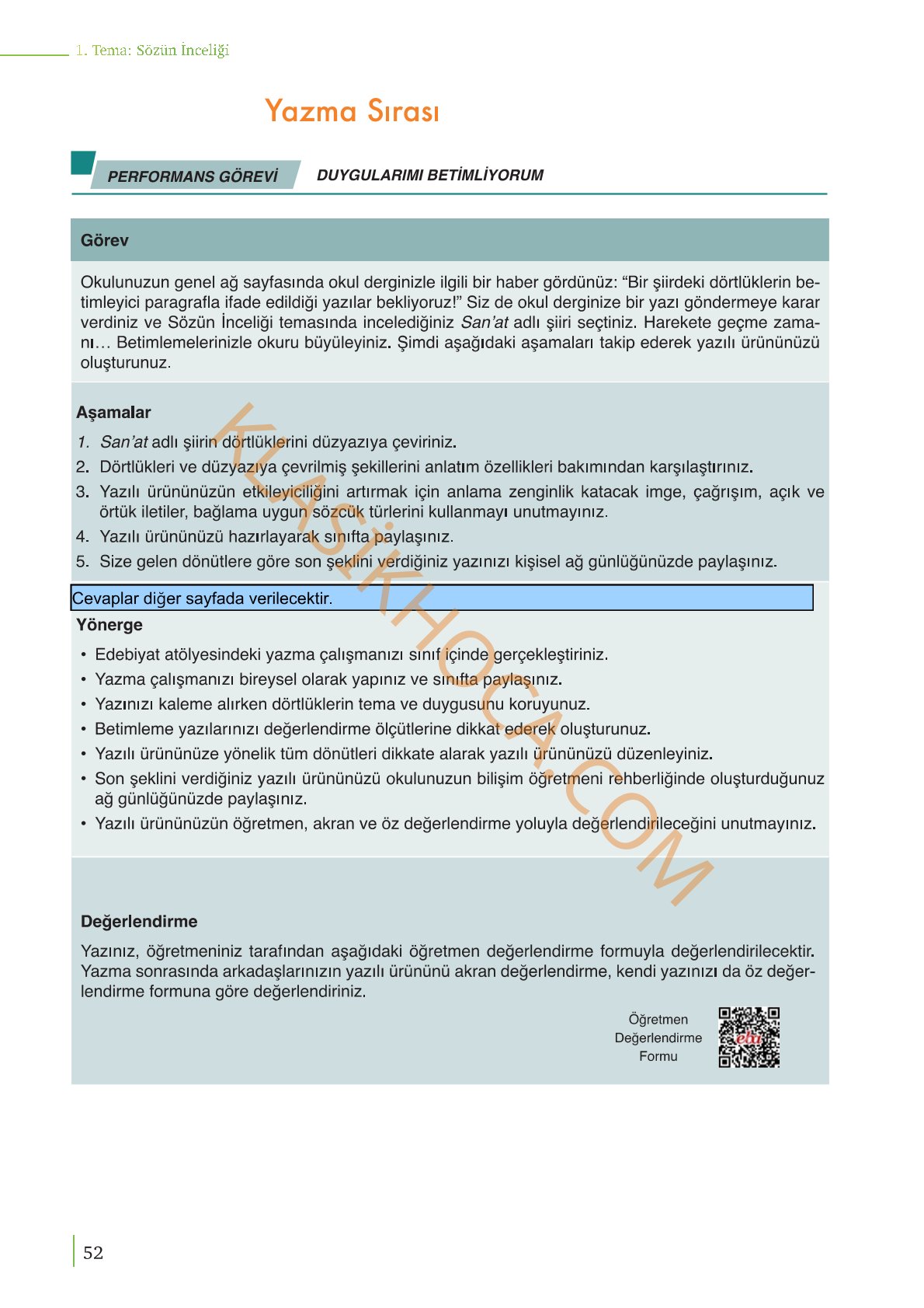 9. Sınıf Edebiyat Kitabı Sayfa 52 Cevapları