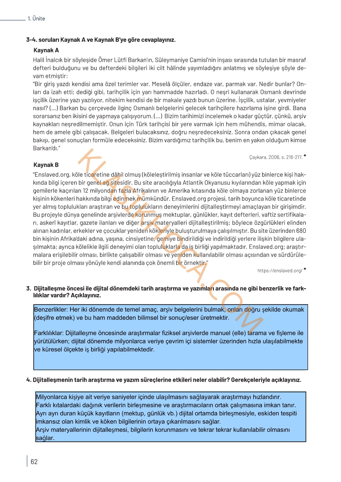 9. Sınıf Tarih Kitabı Sayfa 62 Cevapları