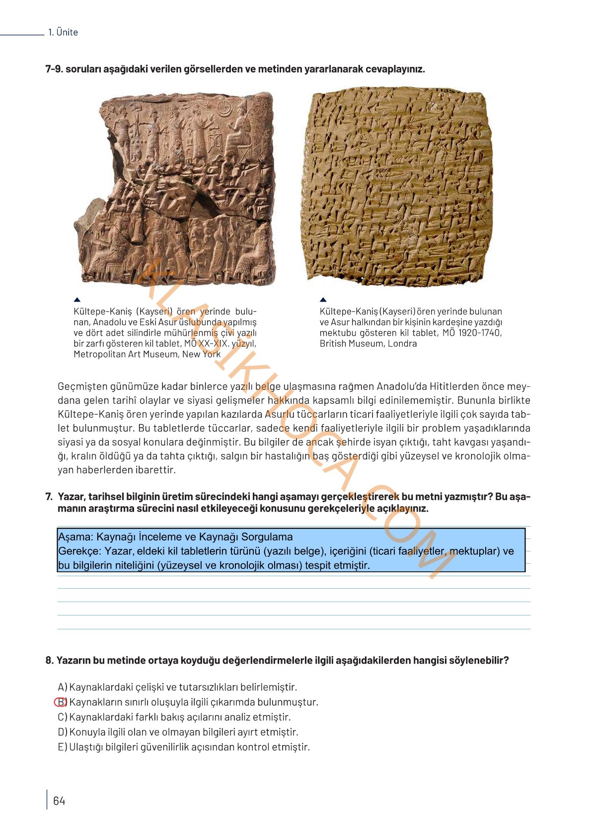 9. Sınıf Tarih Kitabı Sayfa 64 Cevapları