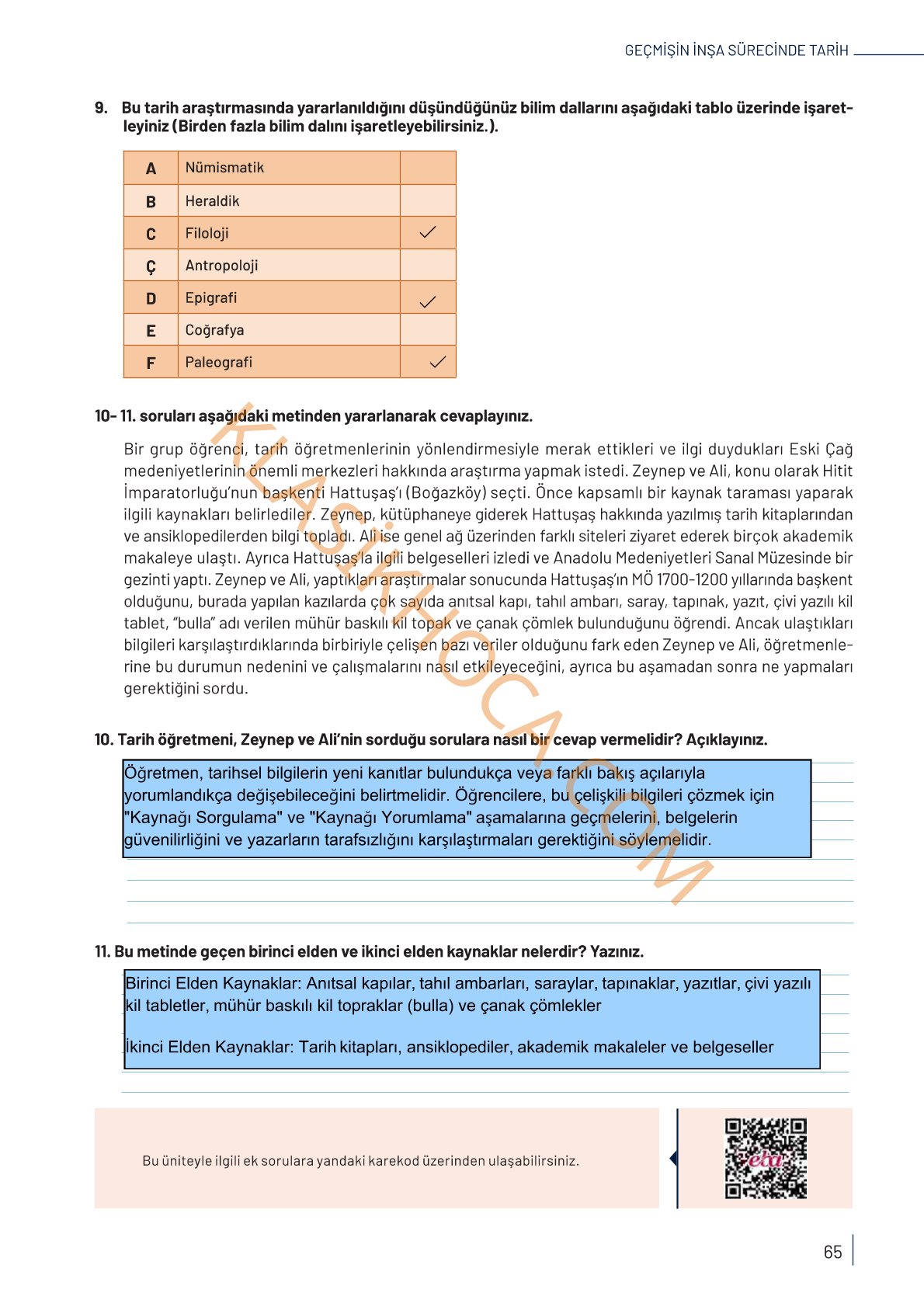 9. Sınıf Tarih Kitabı Sayfa 65 Cevapları