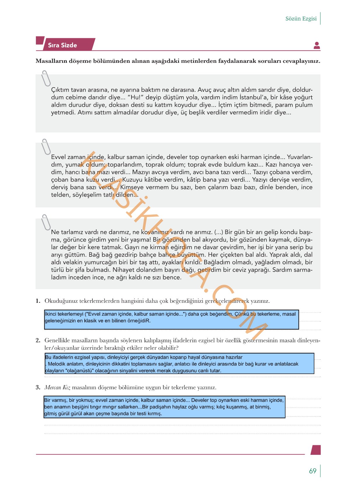 10. Sınıf Edebiyat Kitabı Sayfa 69 Cevapları