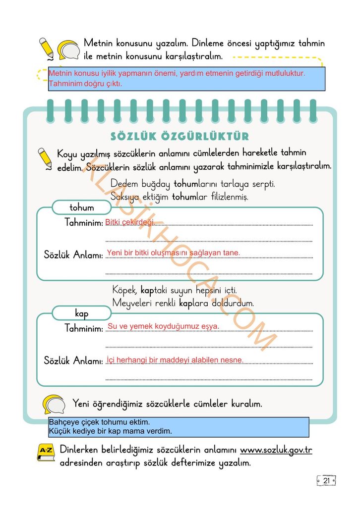 2. Sınıf Türkçe Kitabı Sayfa 19-20-21-22-23-24-25-26 Cevapları 1. Kitap