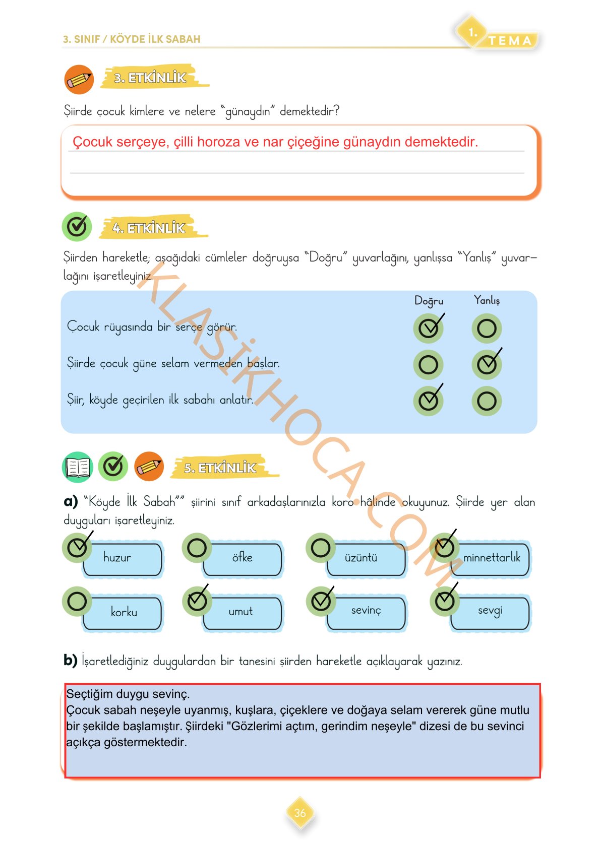 3. Sınıf Türkçe Kitabı Sayfa 36 Cevapları 1. Kitap