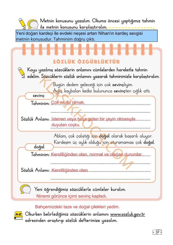 2. Sınıf Türkçe Kitabı Sayfa 33-34-35-36-37-38-39-40 Cevapları 1. Kitap