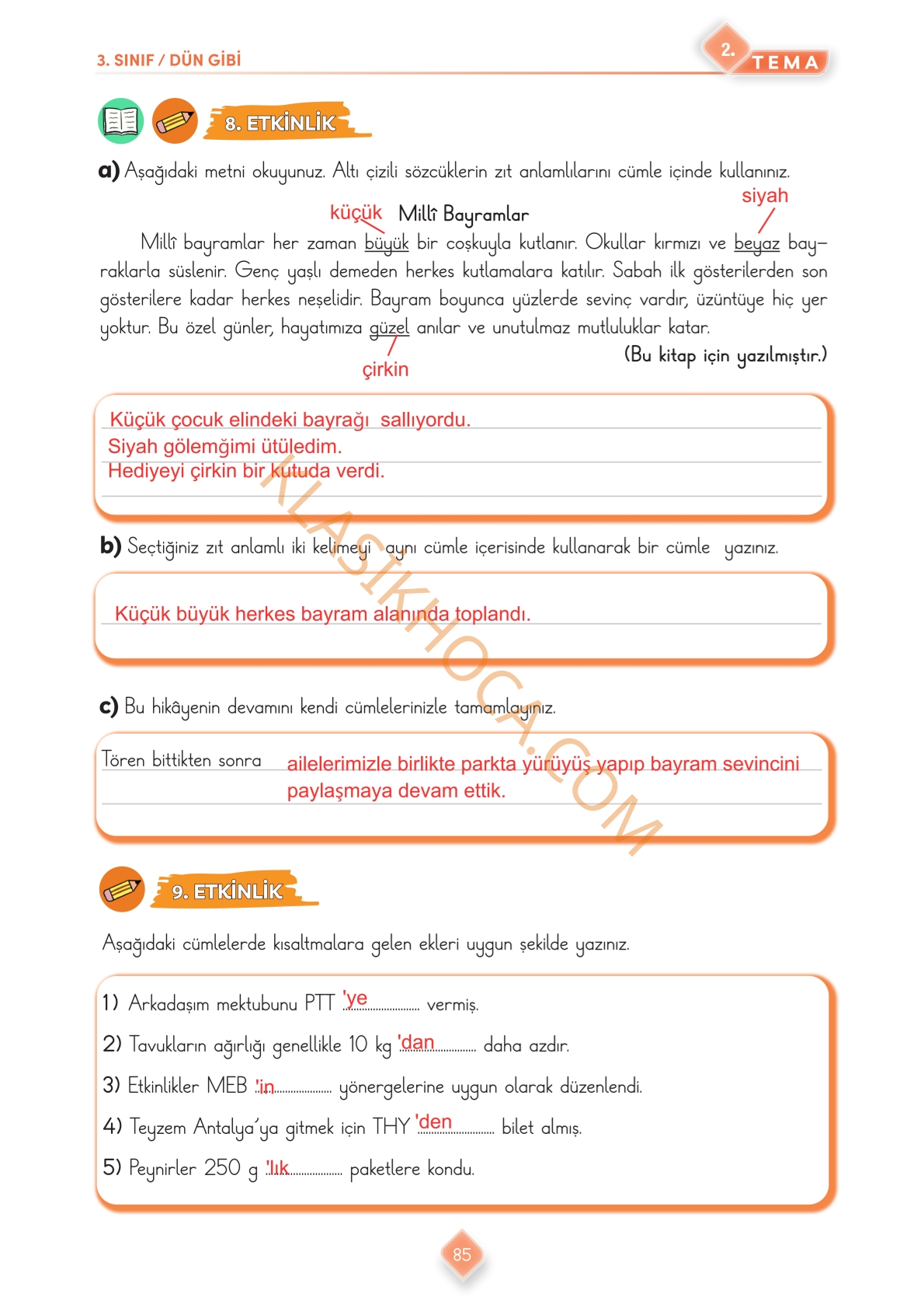 3. Sınıf Türkçe Kitabı Sayfa 85 Cevapları 1. Kitap